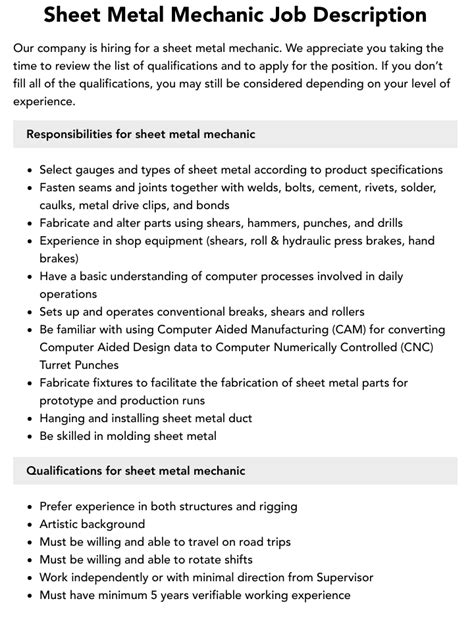 sheet metal mechanic for custom enclosure manufacturer job description|sheet metal worker jobs.